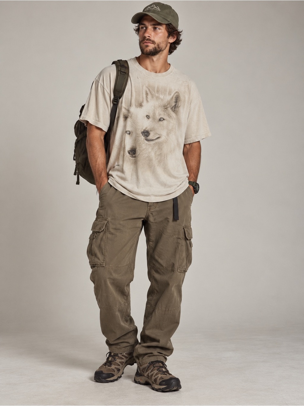 The Mountain Mens XL White Wolf Graphic T Shirt Nature Animal Cream Gray